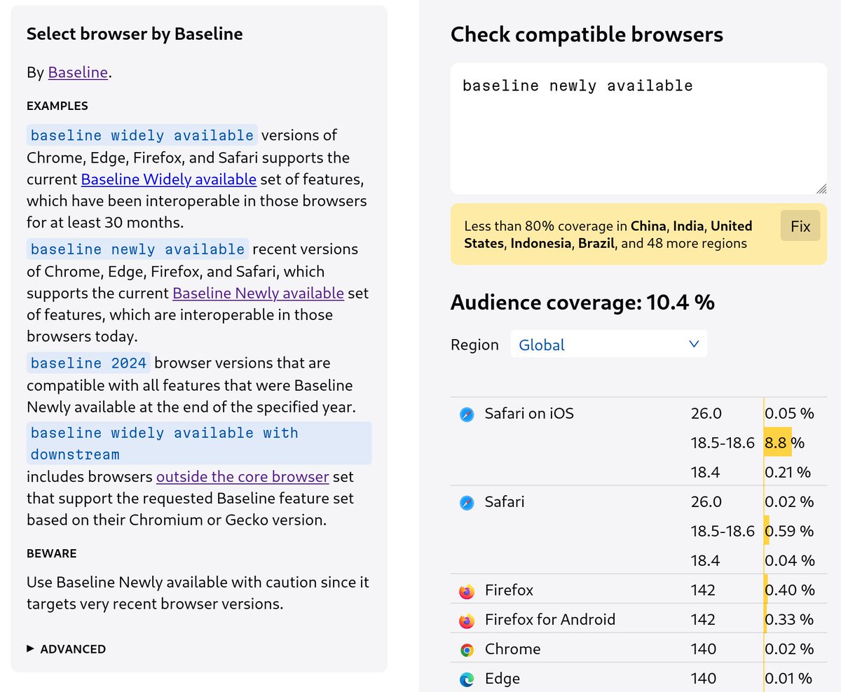 Browserslist's tweet image. In recent Browserslist 4.26 we added Baseline queries support.
browsersl.ist/#q=baseline+ne…