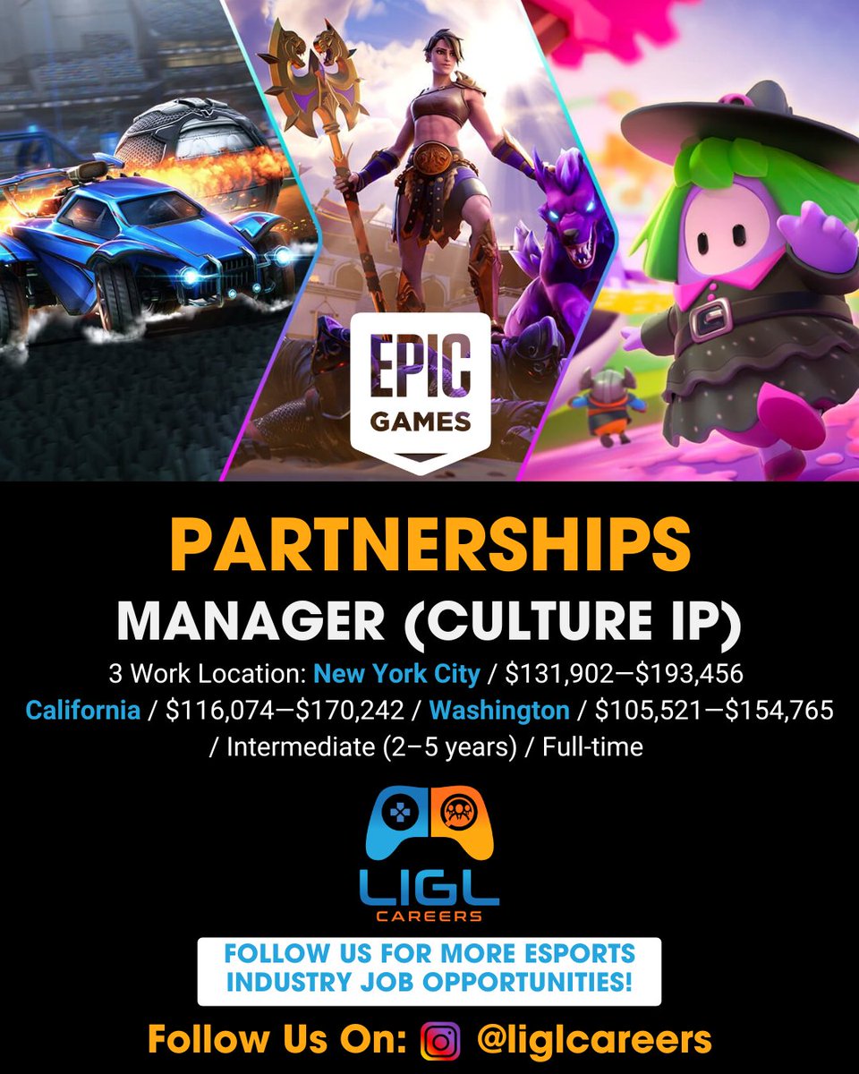 #EsportsJob Opportunities — like this exciting one at Epic Games! Partnerships Manager (Culture IP)
Epic is looking to add a Partnerships Manager to manage, maintain, and execute key programs for Fortnite’s Cultural IP Partnerships team.
Apply today → tinyurl.com/wf8mhndn