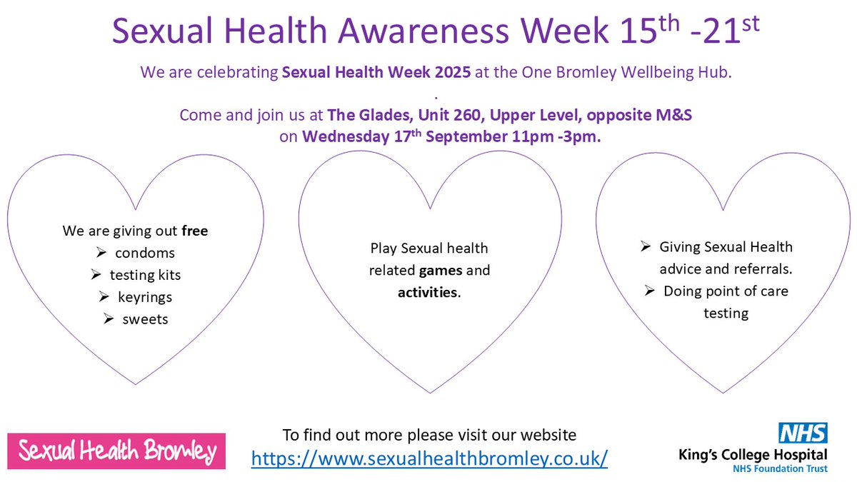 If you're in central #Bromley tomorrow, this is happening in <a href="/OneBromley/">One Bromley</a> Wellbeing Hub @TheGladesBromley 

Drop in between 11am - 3pm

#SexualHealth #HealthCare
<a href="/bromleyhcare/">Bromley Healthcare</a>  <a href="/HWBromley/">Healthwatch Bromley</a>