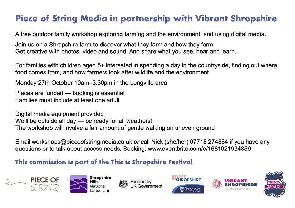 StringFilms's tweet image. We have two funded farming/environment/digital media workshops in Shropshire in October half term.
Monday 27th October for families with children aged 5+.
Thursday 30th October for young people aged 11-18.
Please see below for details and Eventbrite links.