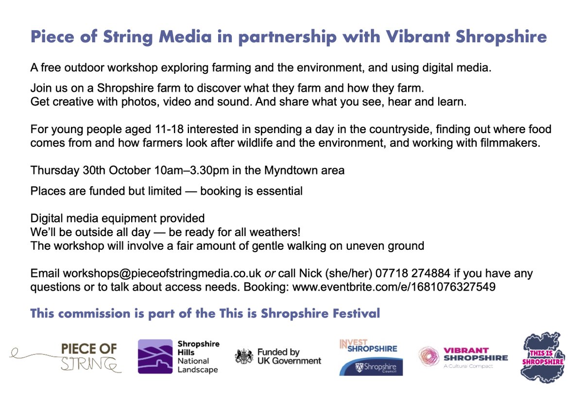 StringFilms's tweet image. We have two funded farming/environment/digital media workshops in Shropshire in October half term.
Monday 27th October for families with children aged 5+.
Thursday 30th October for young people aged 11-18.
Please see below for details and Eventbrite links.