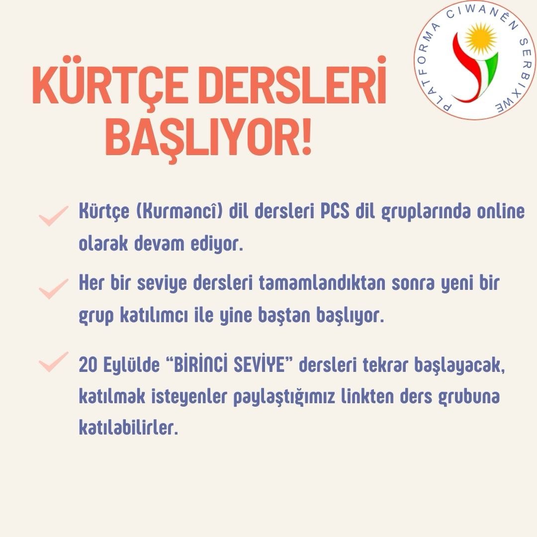 📢Dersên Kurmancî dest pê dikin!

Roja destpêkirinê: 20.09.2025

Ji bo zanyarîyên zêdetir kerem bikin beşdarî koma têlegramê bibin: t.me/ZimaneKurdi_PC…