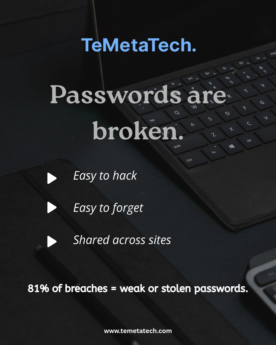 temetatech's tweet image. Passwords are dying… and that’s a good thing! 
Passwords have always been the weakest link in digital security. The future is here making security smarter, and nearly hack-proof.
Follow for more future-tech insights.
🔗 temetatech.com
 #TeMetaTech #FutureTech