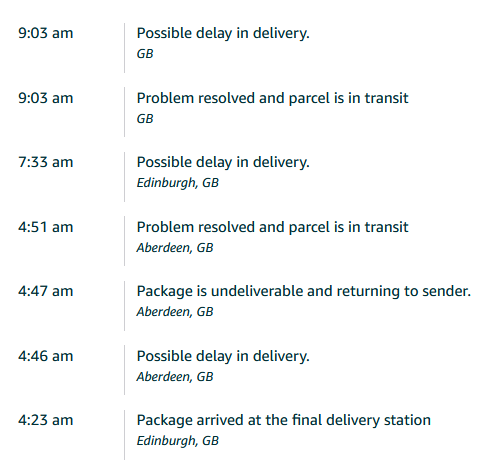 Edinburgh to Aberdeen in 23 minutes! What a record. Shame <a href="/amazon/">Amazon</a> mucked up the delivery again.