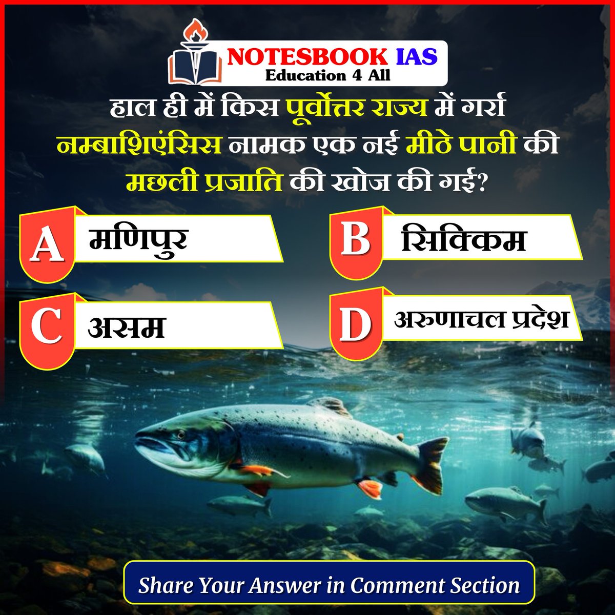 gitanjali88890's tweet image. इस क्विज़ में हम डेली की करेंट न्यूज़ के आधार पर आपसे प्रश्न पूछते हैं, इसका उत्तर आपको कमेंट बॉक्स में देना है।
.
.
#Fish #WildlifeIndia #Freshfish #Biodiversity #WildlifeConservation #RareSpecies #WildlifePhotography #NatureInFocus  #WildlifeSurvey #CurrentAffairs #NotesbookIAS