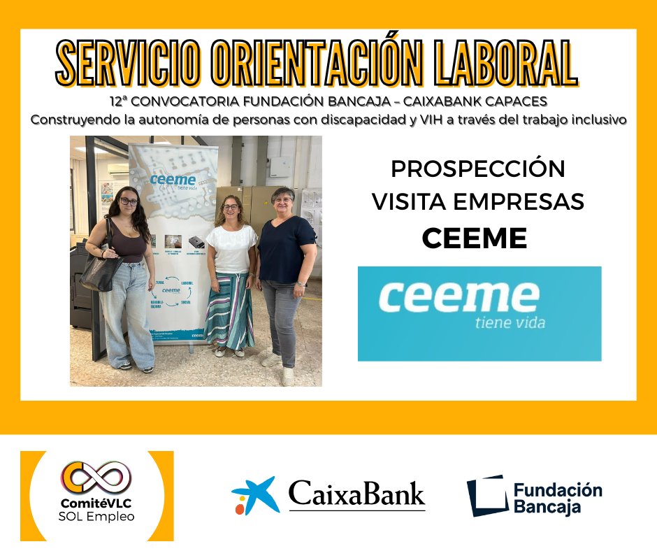 Comité Antisida VLC (@comitevlc) on Twitter photo Hemos visitado CEEME para reforzar la intermediación 🤝y programar visitas 🗓 de usuarias con itinerario para conocer mejor los puestos y cómo se desempeñan👷♀️
#ConvocatoriaCapaces de <a href="/FundacionBcja/">Fundación Bancaja</a> y @caixaBank
#Prospeccion #SOLComite2025 #ComiteVLC Hemos visitado CEEME para reforzar la intermediación 🤝y programar visitas 🗓 de usuarias con itinerario para conocer mejor los puestos y cómo se desempeñan👷♀️
#ConvocatoriaCapaces de <a href="/FundacionBcja/">Fundación Bancaja</a> y @caixaBank
#Prospeccion #SOLComite2025 #ComiteVLC