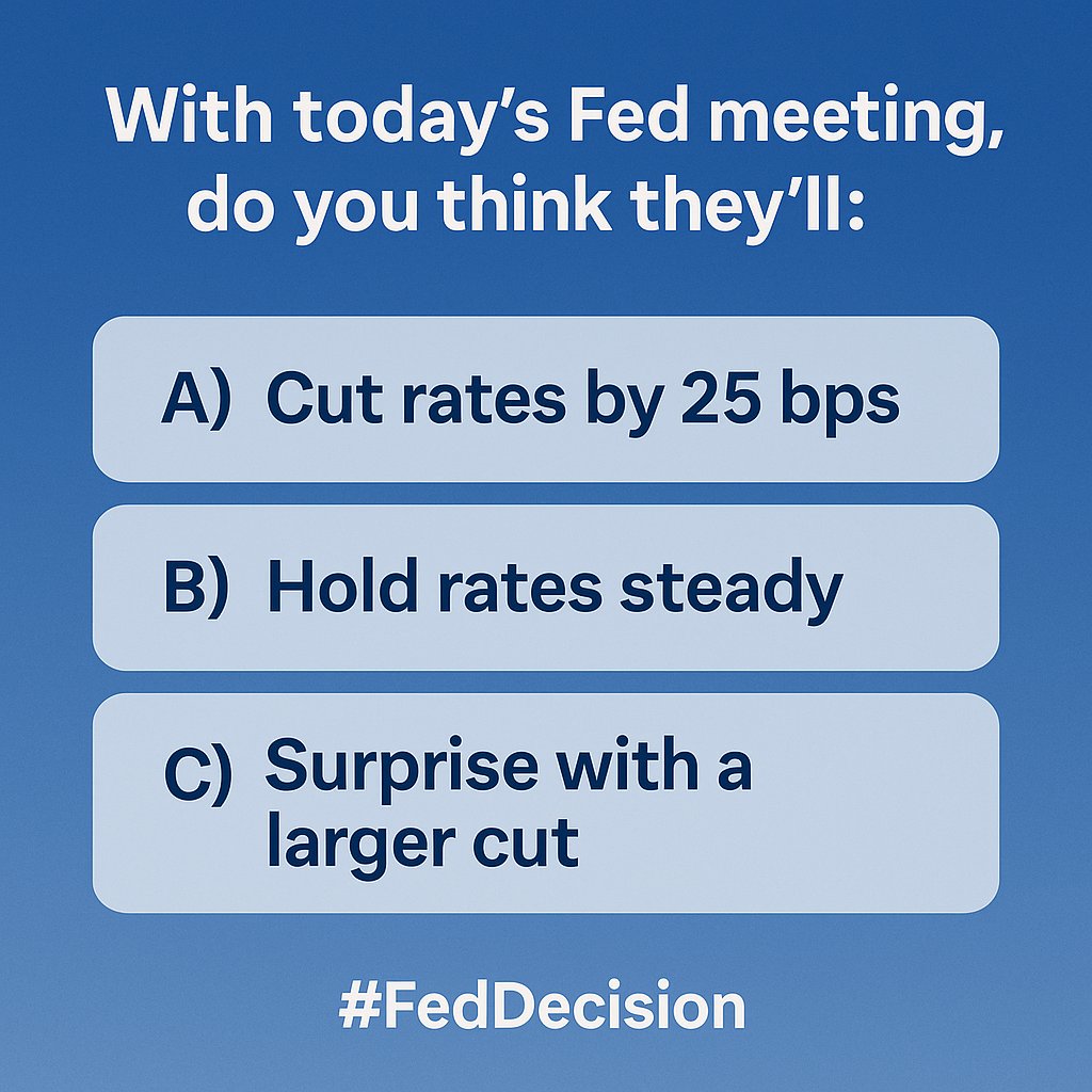 Elvin_Unleashed's tweet image. “With today’s Fed meeting, do you think they’ll:
A) Cut rates by 25 bps
B) Hold rates steady
C) Surprise with a larger cut
Vote &amp;amp; let’s see what people expect. #FedDecision”