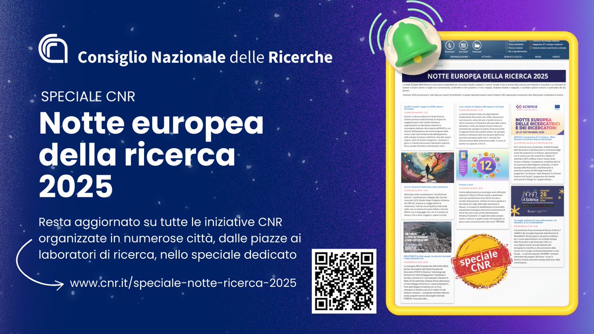 CNR Consiglio Nazionale delle Ricerche (@cnrsocial_) on Twitter photo #EuropeanResearchersNight #ern2025 #notteeuropeadeiricercatori #ernitaly #26settembre
#SpecialeCNR Notte europea della ricerca 2025
Resta aggiornato su tutte le iniziative #Cnr organizzate in numerose città, dalle piazze ai laboratori
Vai su👇
cnr.it/it/speciale-no…
<a href="/mur_gov_/">Ministero dell'Università e della Ricerca</a> #EuropeanResearchersNight #ern2025 #notteeuropeadeiricercatori #ernitaly #26settembre
#SpecialeCNR Notte europea della ricerca 2025
Resta aggiornato su tutte le iniziative #Cnr organizzate in numerose città, dalle piazze ai laboratori
Vai su👇
cnr.it/it/speciale-no…
<a href="/mur_gov_/">Ministero dell'Università e della Ricerca</a>
