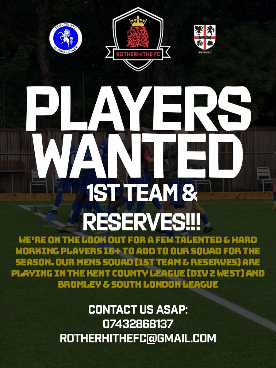 Rotherhithe FC (@rotherhithefc) on Twitter photo We’re still currently looking for a few more players to add to the squad.
With currently 13 injuries to the squad we’re looking to strengthen 🫡
Get in contact asap if you’re interested
<a href="/KCFL1516/">Kent County FL News</a> <a href="/BASLFL/">B&SL Football league</a> We’re still currently looking for a few more players to add to the squad.
With currently 13 injuries to the squad we’re looking to strengthen 🫡
Get in contact asap if you’re interested
<a href="/KCFL1516/">Kent County FL News</a> <a href="/BASLFL/">B&SL Football league</a>