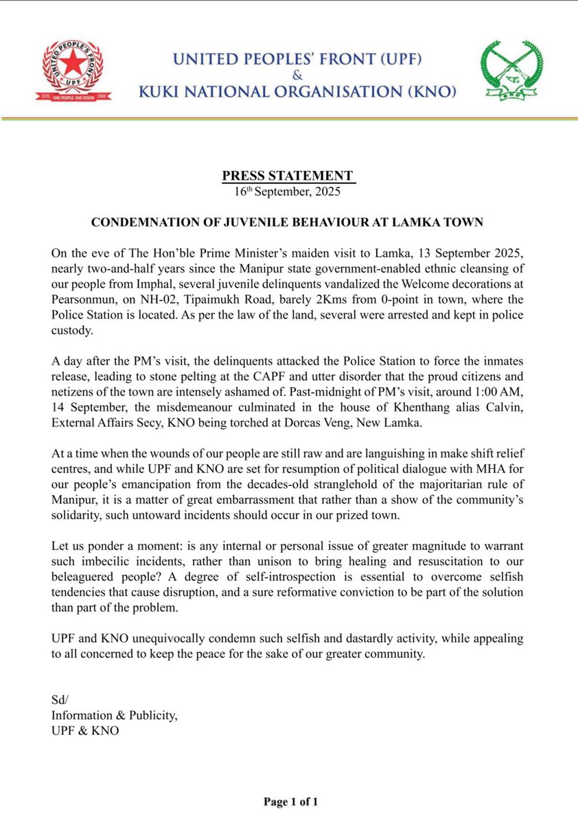 Kuki Political Groups under the UPF and KNO have condemned the recent unrest by so called Gen-Z groups in Lamka that led to the burning of Pu Calvin’s house at Dorcas Veng, New Lamka.