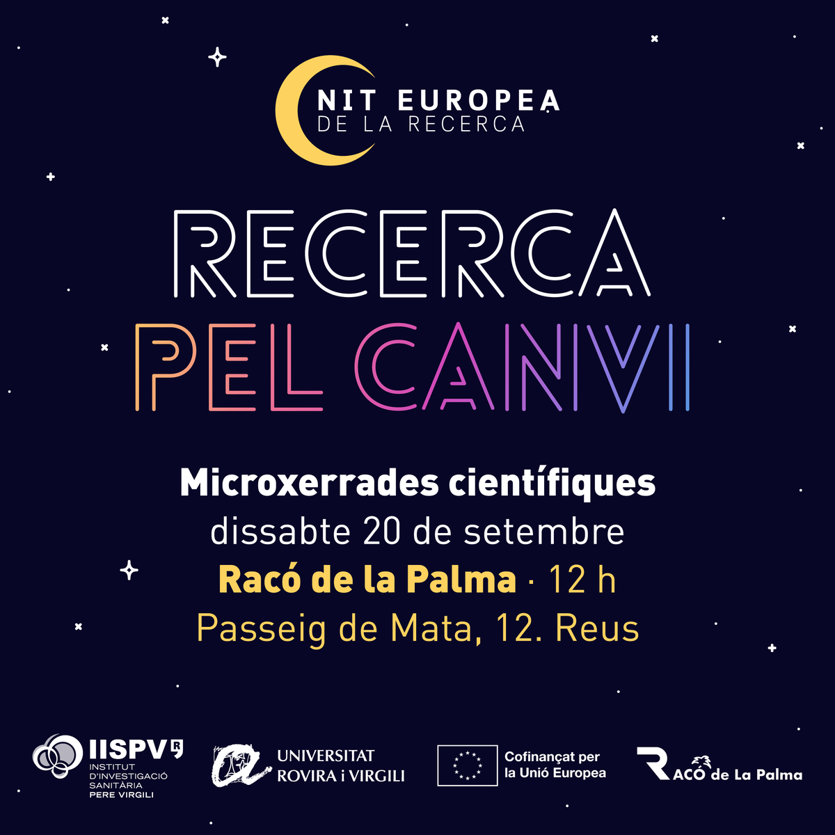 irbcatsud's tweet photo. 📢💥 RECORDA! 📢💥
💡 Investigadors/es parlaran de salut, benestar i medi ambient en les #microxerrades de la #NitRecerCat
📍Racó de la Palma de Reus
📆 Dissabte 20 de setembre · 12 h
🔗 https://t.co/hSfKgIPhHD
#NitRecercaTGN https://t.co/wOymAvZw6T