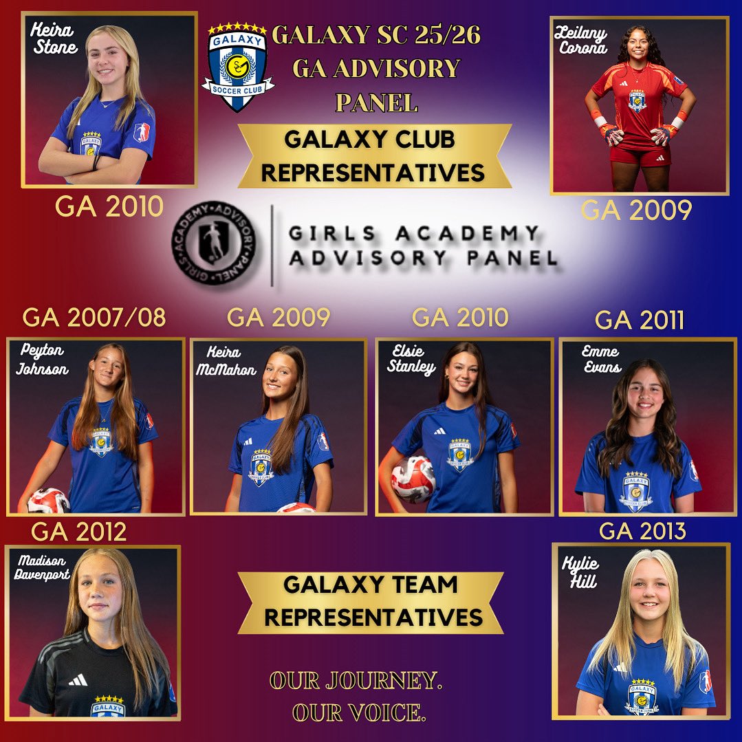 🌟 Meet Our 2025-26 Galaxy SC Girls Academy Advisory Panel! 🌟

These applicants were selected by their coaches to represent their teams and our club as members of the Girls Academy League Advisory Panel.

Each of these young leaders is passionate about making a difference — from