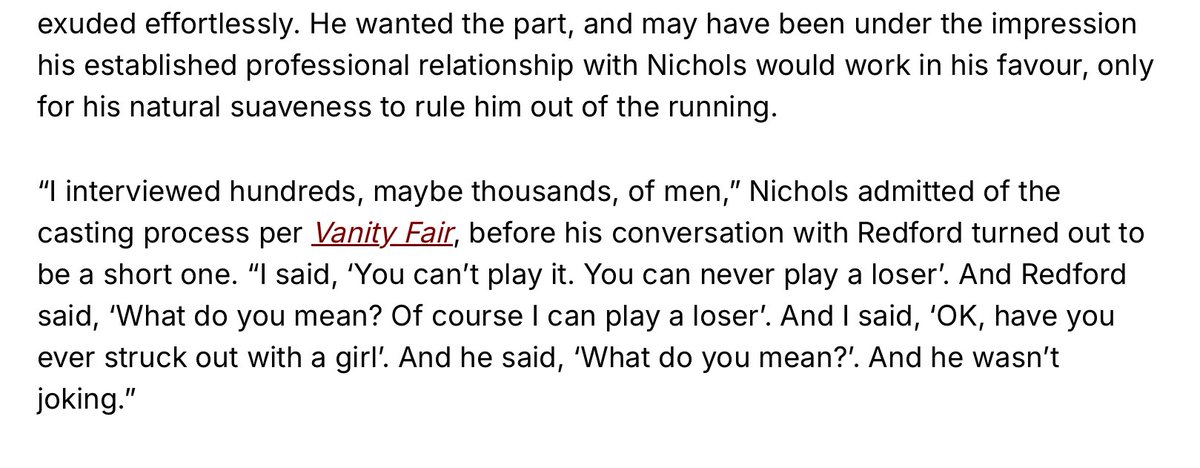 Daniel_Sugarman's tweet image. RIP. My favourite Redford story is the one about why he was rejected for the lead role in The Graduate.