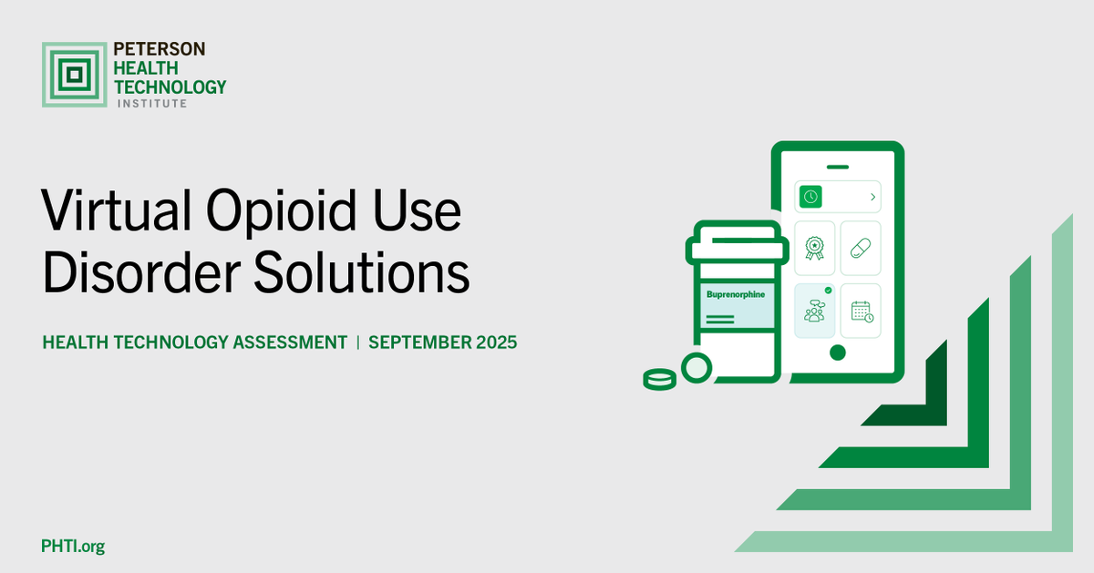 Peterson_HTI's tweet image. NEW REPORT: With 9M Americans affected by #OpioidUseDisorder and only 1 in 4 getting treatment, virtual solutions show promise but haven&apos;t transformed access. PHTI finds these solutions are as effective as traditional care, extending retention by 13 days over 6 months—progress…