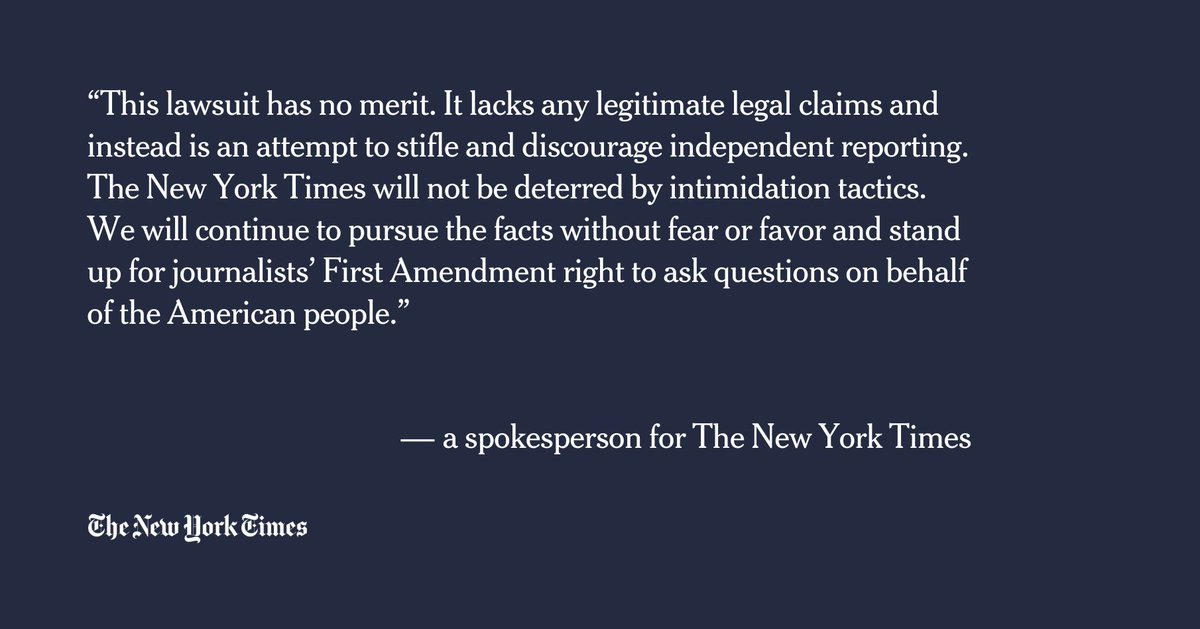 NYTimes Communications (@nytimespr) on Twitter photo President Trump has filed a lawsuit against The New York Times. Read our statement and reporting on the suit below. President Trump has filed a lawsuit against The New York Times. Read our statement and reporting on the suit below.