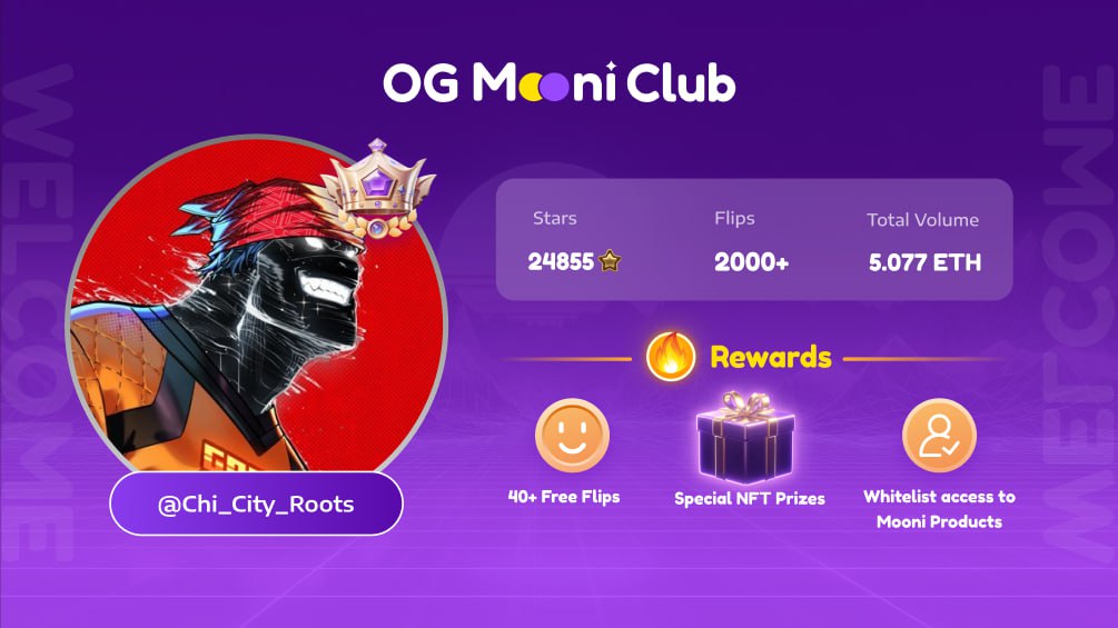 Badges for getting wrecked- peak degen.

Show some love to our new OG <a href="/Chi_City_Roots/">ChiCityRoots</a>

OG badge = 🔥hot swag🔥
🪙  Risk-free flips
💰  Special NFT prizes
💻  Early access to <a href="/Mooni_gg/">Mooni</a> products.