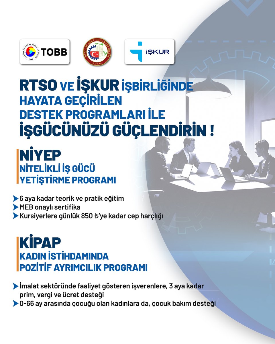 RTSO ve İŞKUR İşbirliğinde Hayata Geçirilen Destek Programları ile İşgücünüzü Güçlendirin!
“Nitelikli İşgücü Yetiştirme Programı (NİYEP)” ve
“Kadın İstihdamı İçin Pozitif Ayrımcılık Projesi (KİPAP)"
Başvuru 🔗 l24.im/8u9FU
Detaylar 🔗 rizetso.org.tr/H=3755