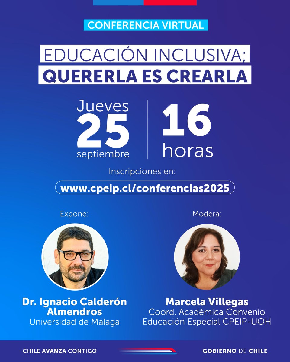 El 25 de septiembre, a las 16:00 (hora Chile), estaré desarrollando la conferencia virtual "Educación Inclusiva: Quererla es Crearla" que organiza el Ministerio de Educación de Chile <a href="/Mineduc/">Ministerio de Educación</a>
Muchas gracias por la oportunidad.

📌 Inscripciones en: reuna.zoom.us/meeting/regist…
