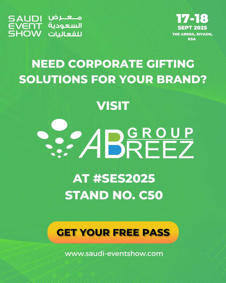 Visit the Abreez Group team at Stand No. C50, at the Saudi Event Show from the 17-18th of September, at the Arena, Riyadh, KSA. 

Registration is free! Register today-bit.ly/40zgEvo
#SES2025 #AbreezGroup #CorporateGifting