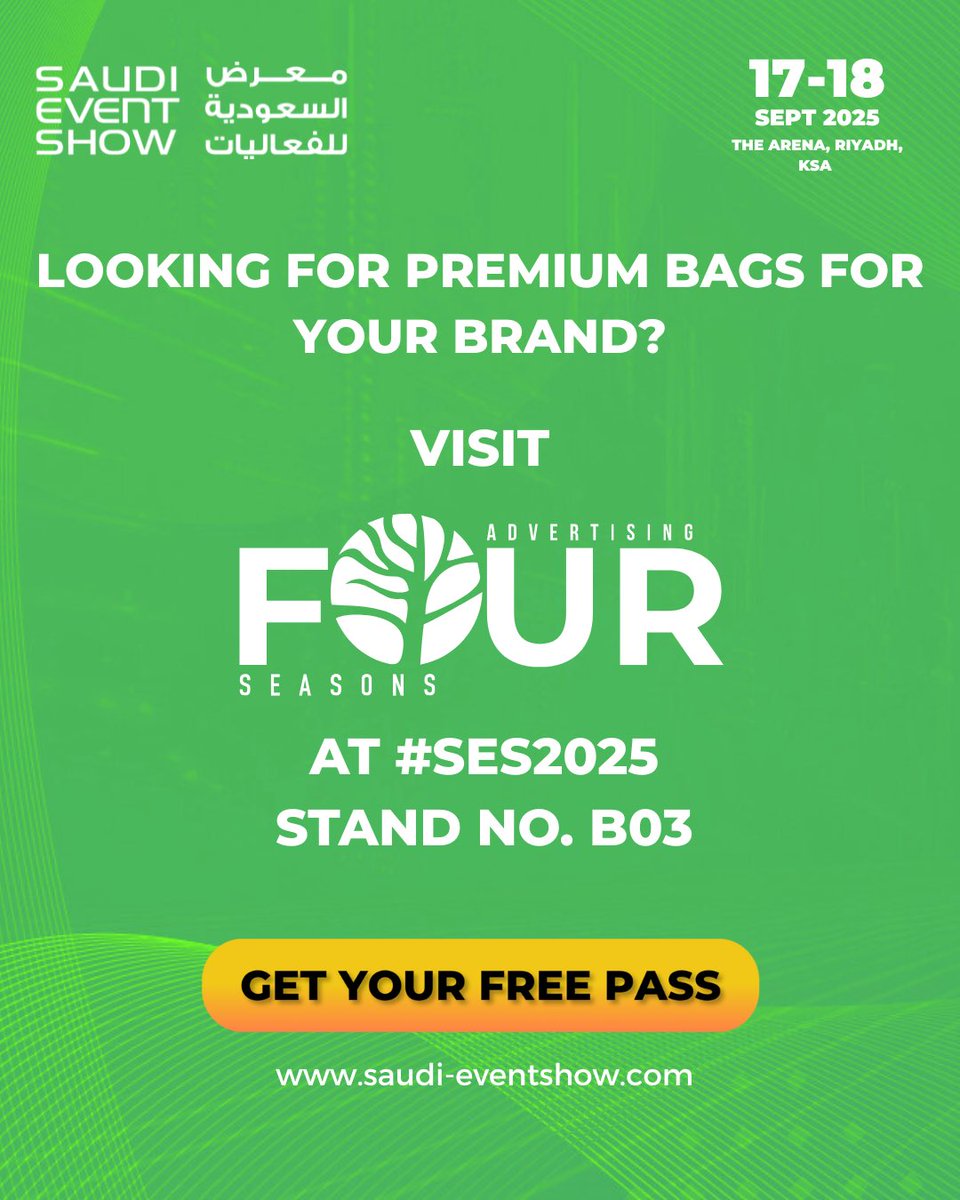 Visit the Four Season Bags team at Stand No. B03, at the Saudi Event Show from the 17-18th of September, at the Arena, Riyadh, KSA. 

Registration is free! Register today-bit.ly/40zgEvo
#SES2025 #FourSeasons #SustainableBags
