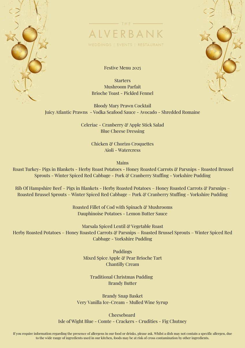 Looking ahead to the festive period, we have some availability left on 29th November &amp; 12th December for larger groups at the Alverbank. 2-courses is £33.95 and 3-courses  £39.95 - or we can also offer a scrumptious festive buffet! Get in contact - 02392 510005