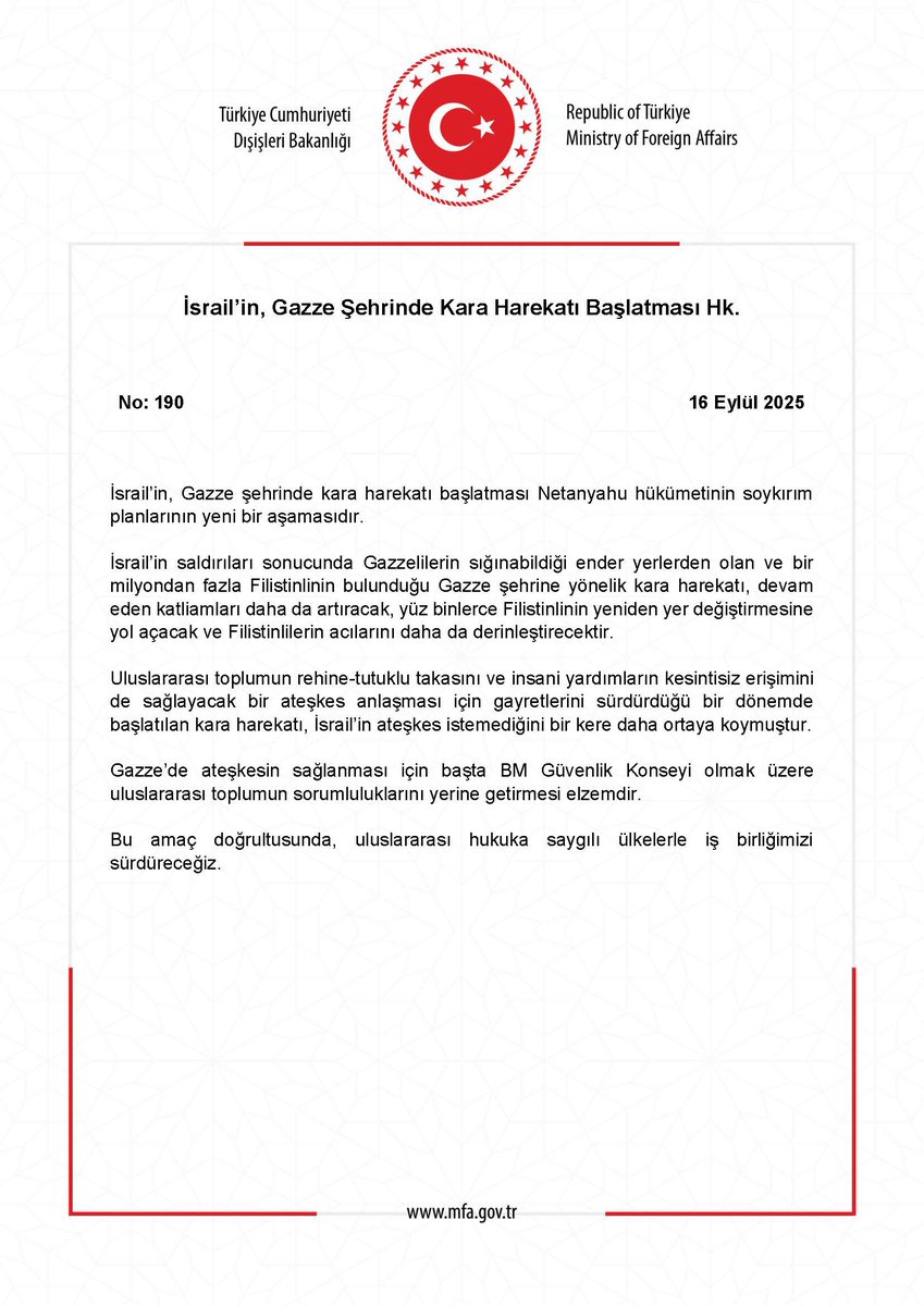 İsrail’in, Gazze Şehrinde Kara Harekatı Başlatması Hk. mfa.gov.tr/no_-190_-israi…