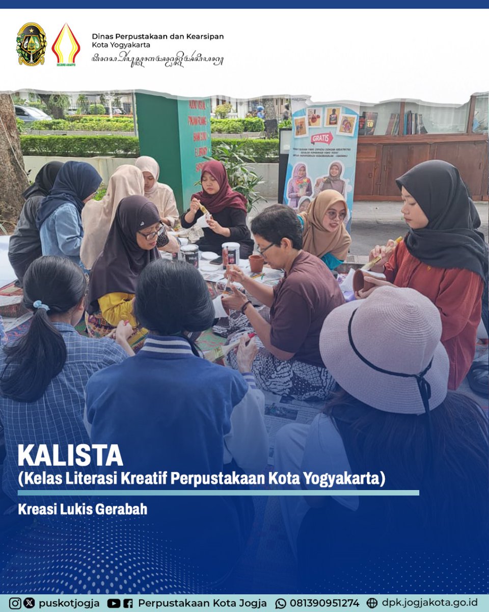 Hallo Sobat Puskot &amp; Pevita.
Kegiatan Kelas Literasi Kreatif Perpustakaan Kota Yogyakarta (KALISTA) bulan September dalam rangka Semarak Hari Kunjung Perpustakaan telah terlaksana dengan penuh keceriaan..
Tema yang dibawakan yaitu "Kreasi Lukis Gerabah" dipandu oleh Kak Ria Dyan.