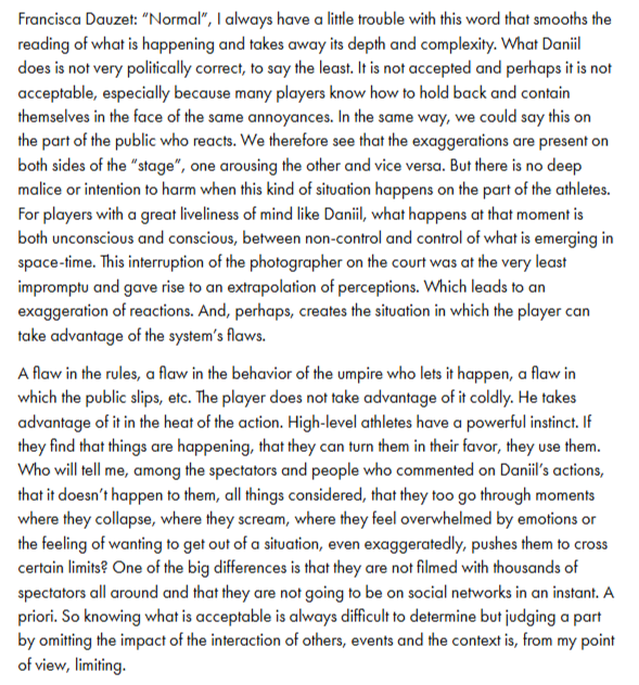 lildarkcage's tweet image. Daniil Medvedev's sports psychologist Francisca Dauzet on the #USOpen 'photographer' incident in his match vs Bonzi, Daniil's behavior &amp;amp;  the "society of the spectacle" as she calls it.

Fascinating to say the least (the whole interview is).