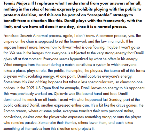 lildarkcage's tweet image. Daniil Medvedev's sports psychologist Francisca Dauzet on the #USOpen 'photographer' incident in his match vs Bonzi, Daniil's behavior &amp;amp;  the "society of the spectacle" as she calls it.

Fascinating to say the least (the whole interview is).