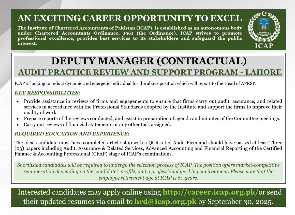 icapofficial's tweet photo. Job Opportunities at ICAP: 

1. DEPUTY MANAGER (CONTRACTUAL) - AUDIT PRACTICE REVIEW AND SUPPORT PROGRAM (LAHORE)

Apply Now: 
https://t.co/IHvDoKS1lt

#ICAP #CAPakistan #Vacancy #jobadvertisement https://t.co/AKLs0Ij9D3