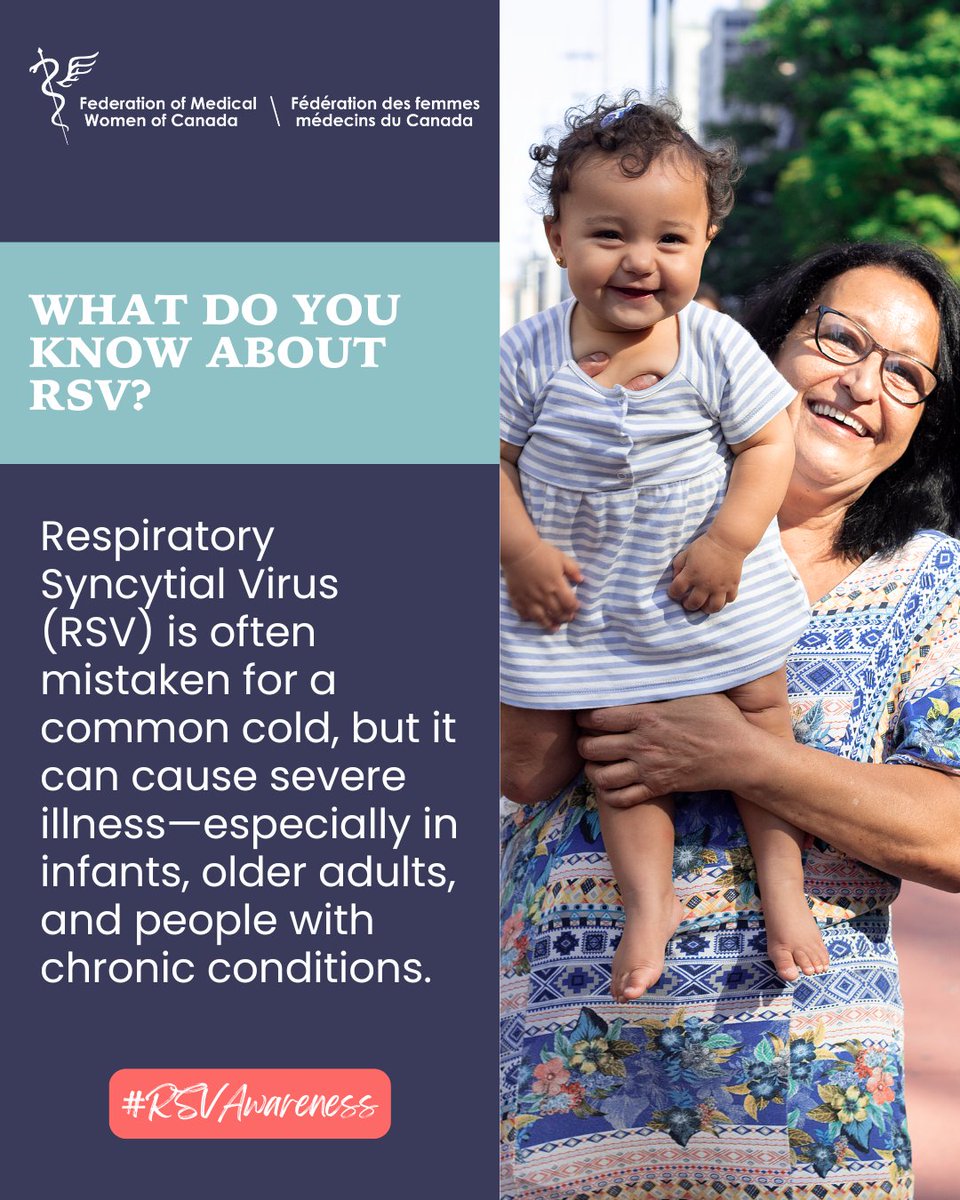 RSV isn’t just a cold.
It can be serious—especially for infants &amp; older adults.
New vaccines are here.
Let’s spread awareness, not infection.

cstu.io/89b604

<a href="/dr_rdosanjh/">Ramneek Dosanjh</a> <a href="/DrMTByass/">Dr. Modupe Tunde-Byass</a> <a href="/Kim_G_Williams/">Dr. Kimberly Williams</a> <a href="/CMA_Docs/">Canadian Medical Association</a> <a href="/Royal_College/">The Royal College</a> <a href="/DrVivienBrown/">Dr. Vivien Brown</a> <a href="/DrShelleyRoss/">Dr. Shelley Ross</a>
#RSVAwareness