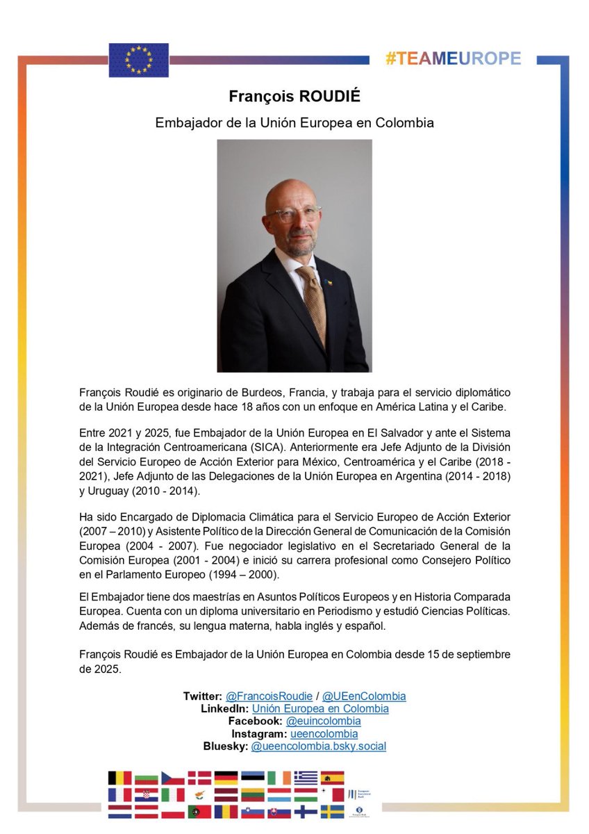 François Roudié es el nuevo Embajador de la Unión Europea en Colombia 🇪🇺 🇨🇴.

Para seguirlo ➡️ <a href="/FrancoisRoudie/">François Roudié</a>

Más información ➡️ link.europa.eu/7n6Gyv