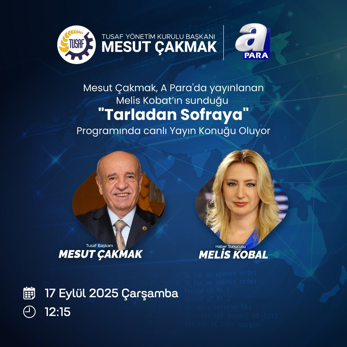 Değerli Dostlarımız,

17 Eylül 2025 Çarşamba günü saat 12:15’te A Para ekranlarında sizlerle buluşacağım.

Melis Kobal’ın sunduğu “Tarladan Sofraya” programında, sektörümüzü ve un sanayimizin ülkemiz ekonomisindeki rolünü konuşacağız.

Sizleri de bu keyifli canlı yayına davet