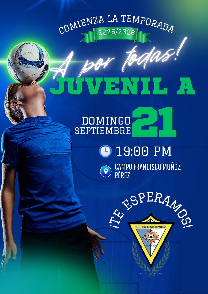 Arrancamos!!!

Nuestro Juvenil A comienza la Temporada 2025/2026 contra un gran rival Estepona!

Este Domingo 21 de Septiembre a las 19:00h. En el Campo Francisco Muñoz Pérez no faltéis!

Vamos Compadres 🔵 

#Marcamarbella 
#marcamarbellajunior