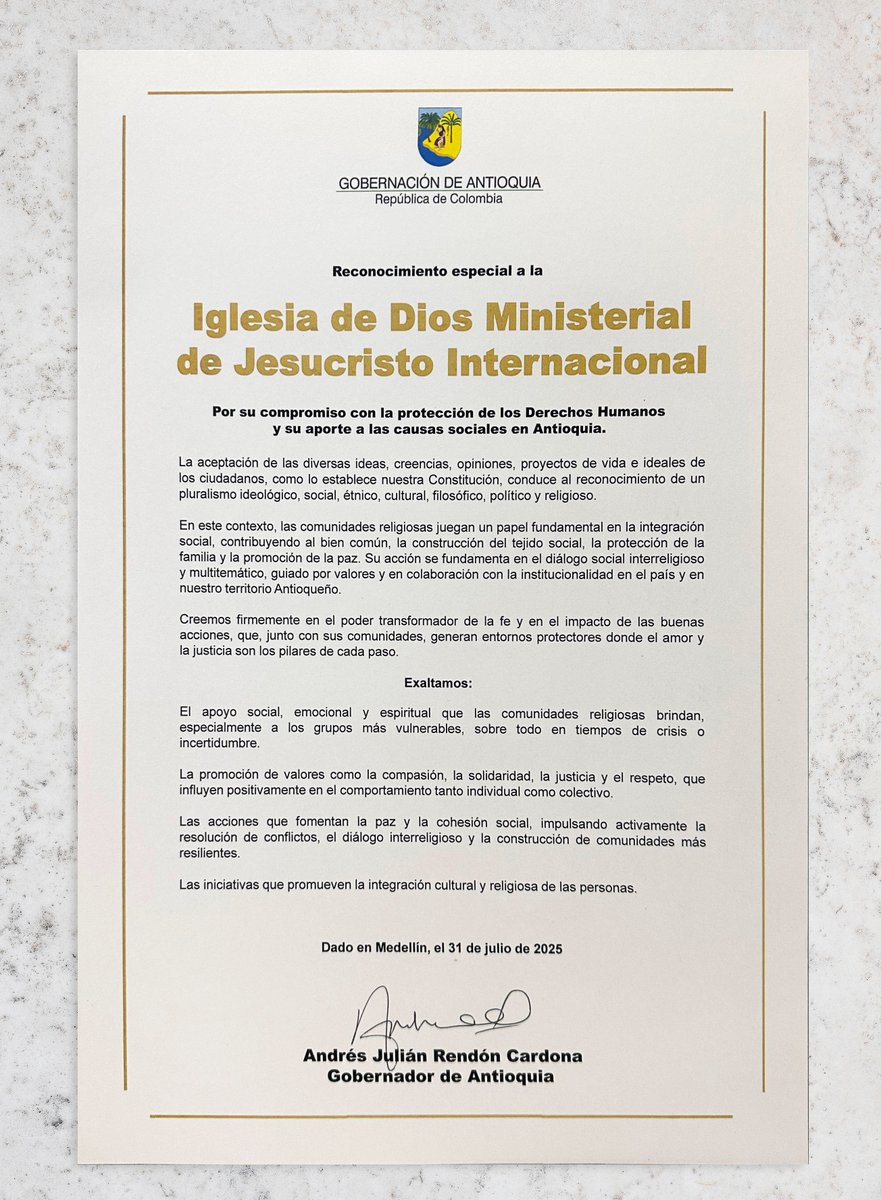 CGMJCIofficial's tweet image. 🇨🇴 Government of Antioquia Grants Recognition to the Church of God Ministry of Jesus Christ International – 2025
idmji.org/en/government-…

On July 31, 2025, in Medellin, the Government of Antioquia presented a special recognition to the Church of God Ministry of Jesus Christ…