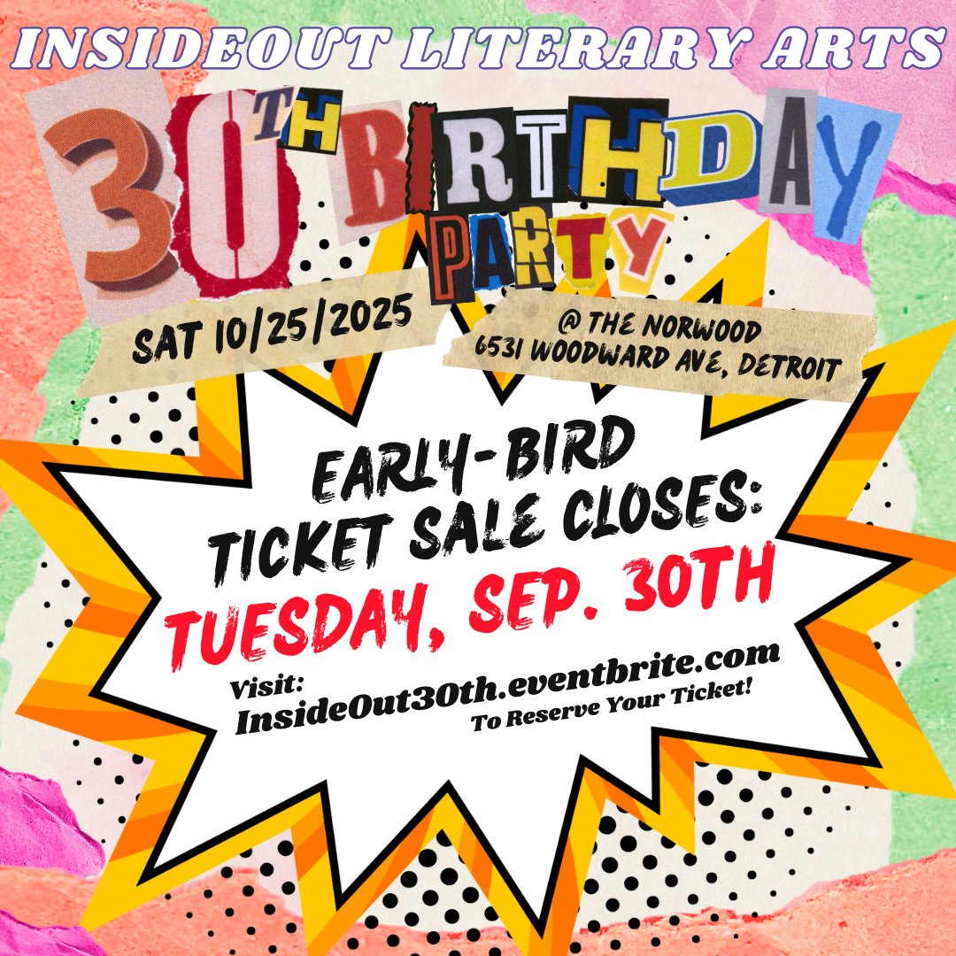 InsideOutDET's tweet image. 2 weeks left for early bird ticket pricing for InsideOut's 30th Birthday Party!

Support youth voice at the best possible price. 🎟️TICKETS at InsideOut30th.eventbrite.com