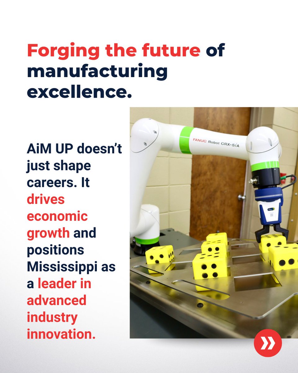 Mississippi Development Authority (@mdaworks) on Twitter photo Mississippi didn’t wait for industry to ask.
Robotics + automation training hubs are already in place via <a href="/MaroonResearch/">Maroon Research</a>'s AiM UP — preparing aero, auto & energy talent with partners at <a href="/NortheastMSCC/">Northeast Miss. CC</a>, <a href="/emccinfo/">EMCC</a> & <a href="/MGCCC/">Mississippi Gulf Coast Community College</a>.
Future-ready workforce: aimupms.org Mississippi didn’t wait for industry to ask.
Robotics + automation training hubs are already in place via <a href="/MaroonResearch/">Maroon Research</a>'s AiM UP — preparing aero, auto & energy talent with partners at <a href="/NortheastMSCC/">Northeast Miss. CC</a>, <a href="/emccinfo/">EMCC</a> & <a href="/MGCCC/">Mississippi Gulf Coast Community College</a>.
Future-ready workforce: aimupms.org
