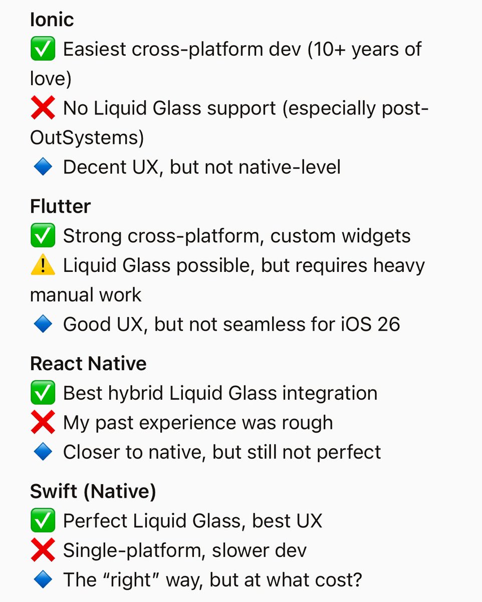 JulienKermarec's tweet image. After 10 years of #Ionic, here’s my honest take on #iOS26’s #LiquidGlass challenge. Cross-platform vs. native what’s your move? #reactnative #flutter 

Ionic still wins for simplicity, but Liquid Glass forces tough choices. Thoughts?
