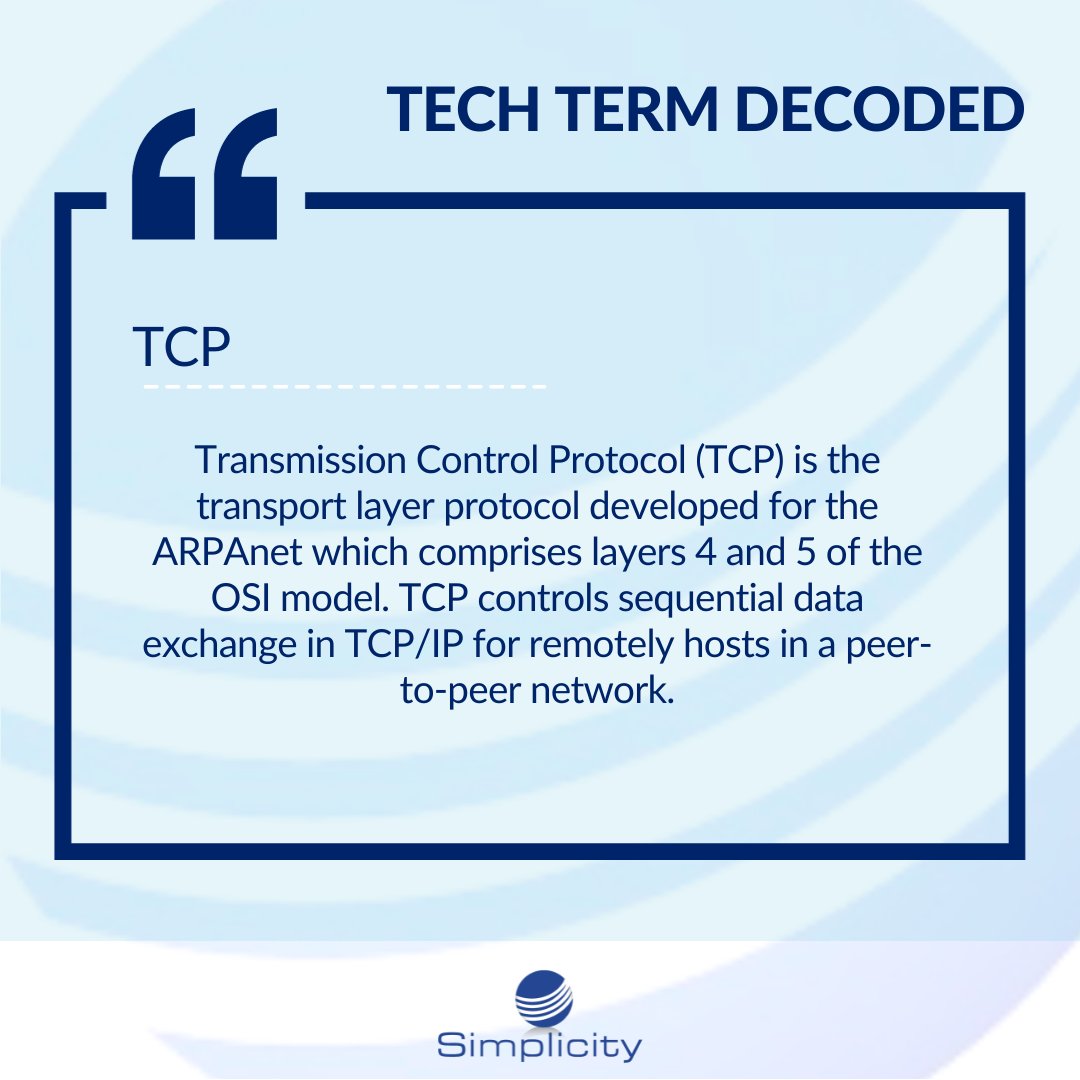 SimplicityVoIP's tweet image. This week’s telecom acronym for #TechTermTuesday is TCP—Transmission Control Protocol. Next time you send a file or connect a VoIP call, you’re putting TCP to work behind the scenes! #Acronympalooza #TelecomExplained