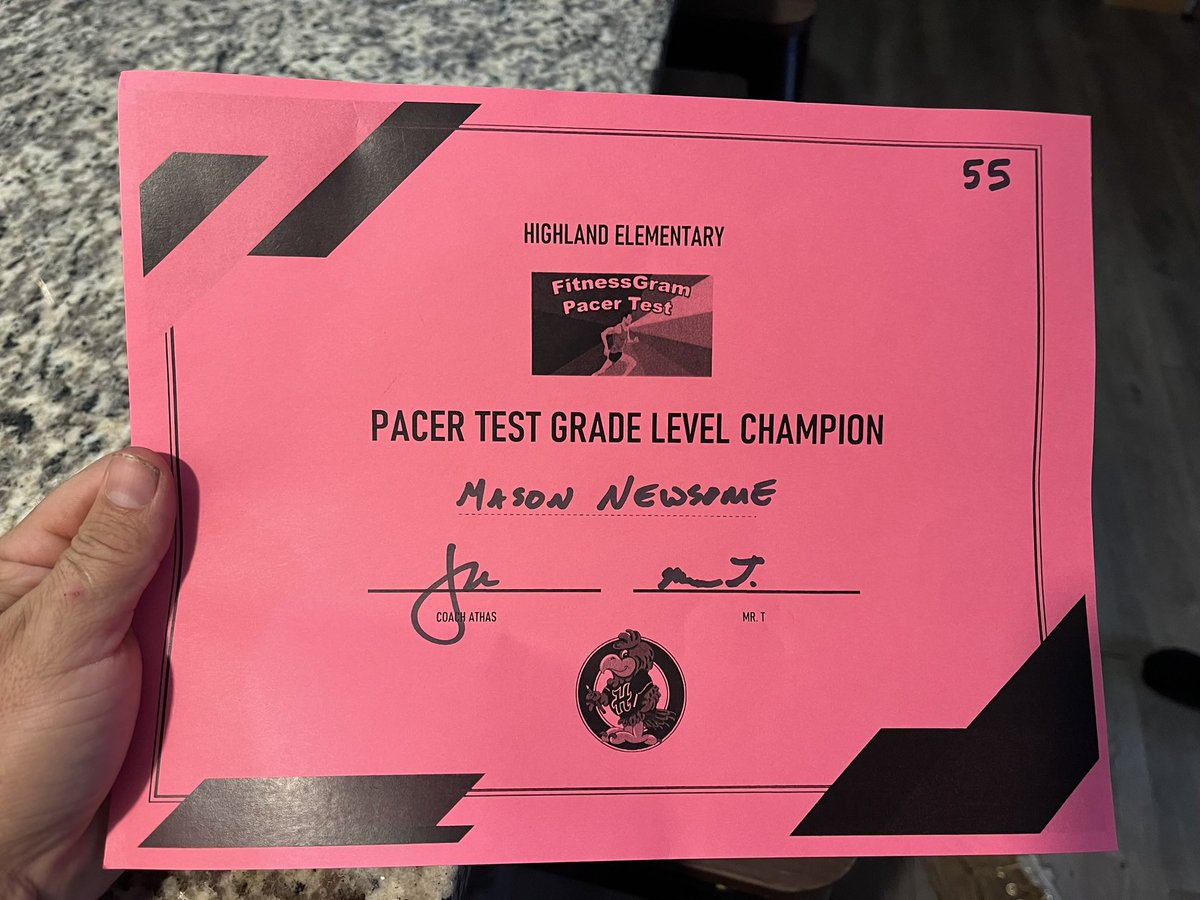 My son was grade level champion scoring a 55 on his pacer test.  That is top 97% for 10 year olds, he’s 8!