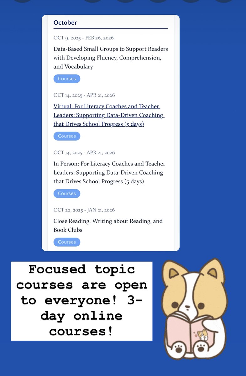 TCAdvancingLit's tweet image. 3-day Focused #Literacy Courses are up on our website now! Look for the one that best matches you! Join us #online! October and November 
#smallgroup #reading #writing #vocabulary #fluency 
#professionaldevelopment #education #teachers #PLC

drive.google.com/file/d/1y5wsvQ…