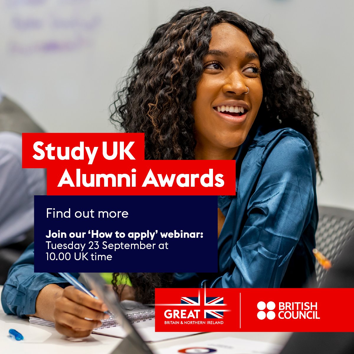 Applying for the #StudyUKAlumniAwards 2026?

Don't miss our 'How to apply’ webinar with tips and guidance on creating a good application!

🕛 Join us – 23 September, 10.00 BST

Sign up here 👉 ow.ly/t4TG50WOZkw