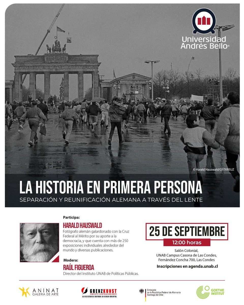 A 35 años de la reunificación alemana, la Universidad Andrés Bello realizará el conversatorio:

“La historia en primera persona: separación y reunificación alemana a través del lente”

El reconocido fotógrafo alemán Harald Hauswald –miembro fundador de la agencia OSTKREUZ,