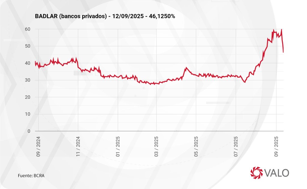 valo_arg's tweet photo. La tasa #BADLAR para Bancos Privados informada por el BCRA del 12/09/2025 es 46,1250%. https://t.co/Hw0tvTbBLv