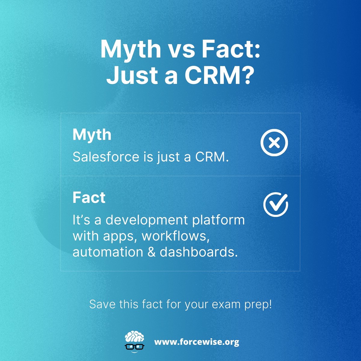 ForceWiseOrg's tweet image. Don’t limit your thinking. 

Salesforce = full platform, not just CRM. 

🔥 Save this fact for your exam prep!

#SalesforceFacts #SalesforceExam #SalesforceCommunity #SalesforcePlatform #CRM #ExamPrep #CloudPlatform