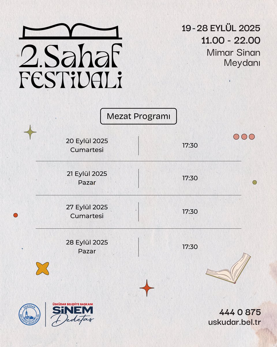 2.Sahaf Festivali’nde kitap tutkunları mezatta buluşuyor! 📚✨

Nadir eserler ve özel koleksiyonlar, açık artırma heyecanıyla sahneye çıkıyor.

🗓 Mezat Günleri:
20 Eylül Cumartesi – 17.30
21 Eylül Pazar – 17.30
27 Eylül Cumartesi – 17.30
28 Eylül Pazar – 17.30