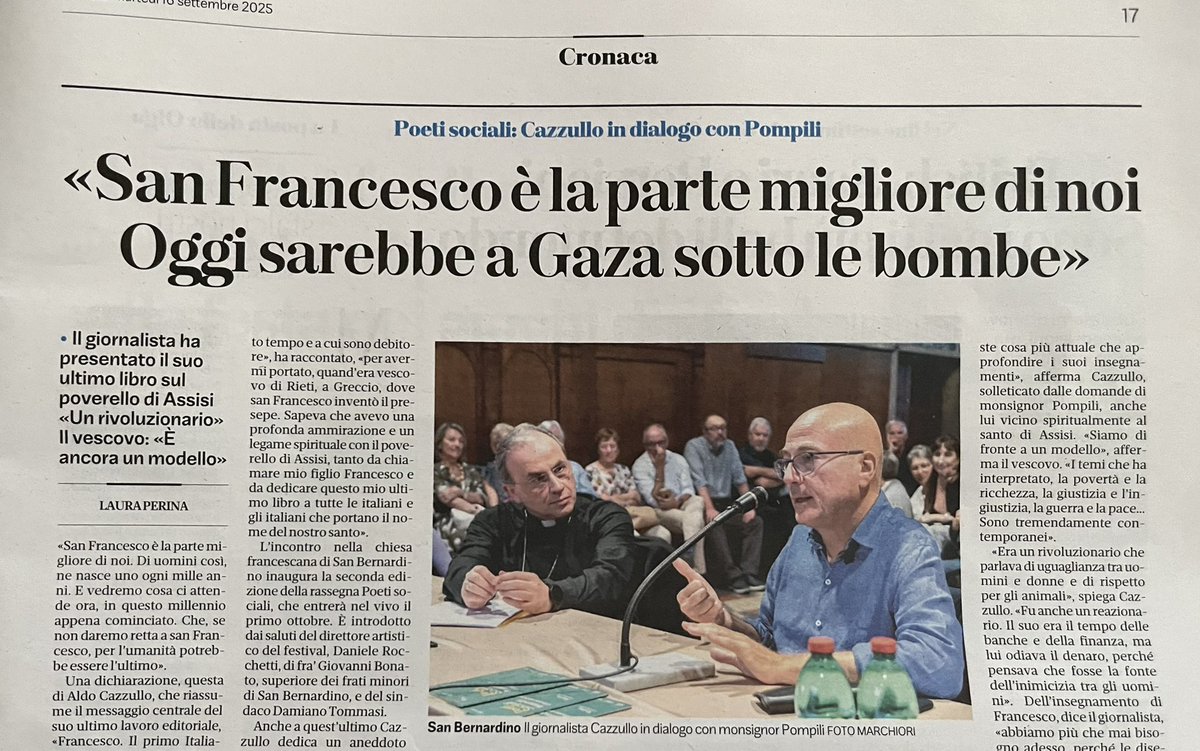 Oggi San Francesco sarebbe a #Gaza Lo ha detto Aldo Cazzullo alla presentazione del suo libro “Francesco. Il primo italiano” durante la rassegna Poeti sociali in corso a #Verona Ben raccontato da <a href="/_LauraPerina_/">Laura Perina</a> su <a href="/larenait/">L'Arena</a> di oggi