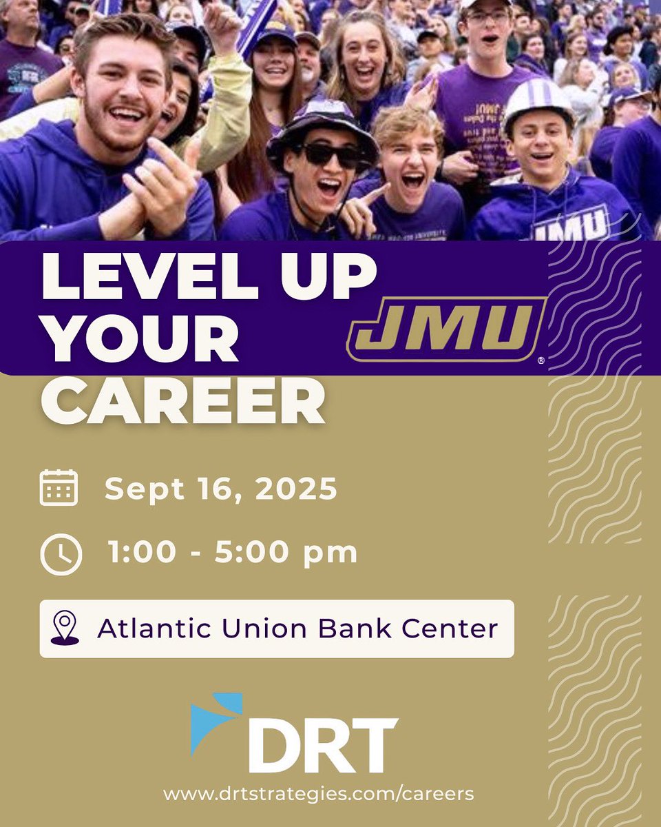 📣 DUKES — We’re at the <a href="/JMU/">JMU</a> Career Fair today!

🕐 1:00–5:00 PM
📍 Atlantic Union Bank Center

Come meet our team and learn about exciting career opportunities at DRT. We can’t wait to meet you! #JMUCareerFair #JMU #DRTStrategies