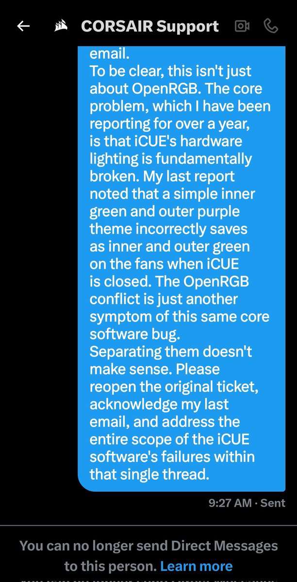 seanflower408's tweet photo. @loch_vaness @CORSAIR @Corsair confirmed a replicable iCUE bug, sent 4 broken panels, ghosted me, then blocked me when I asked for accountability. That’s not support,it’s retaliation. Consumers deserve better. #Corsair #ConsumerRights https://t.co/gzuzOHv6BR https://t.co/q3qG5heAIw https://t.co/Cl6qxejPZg