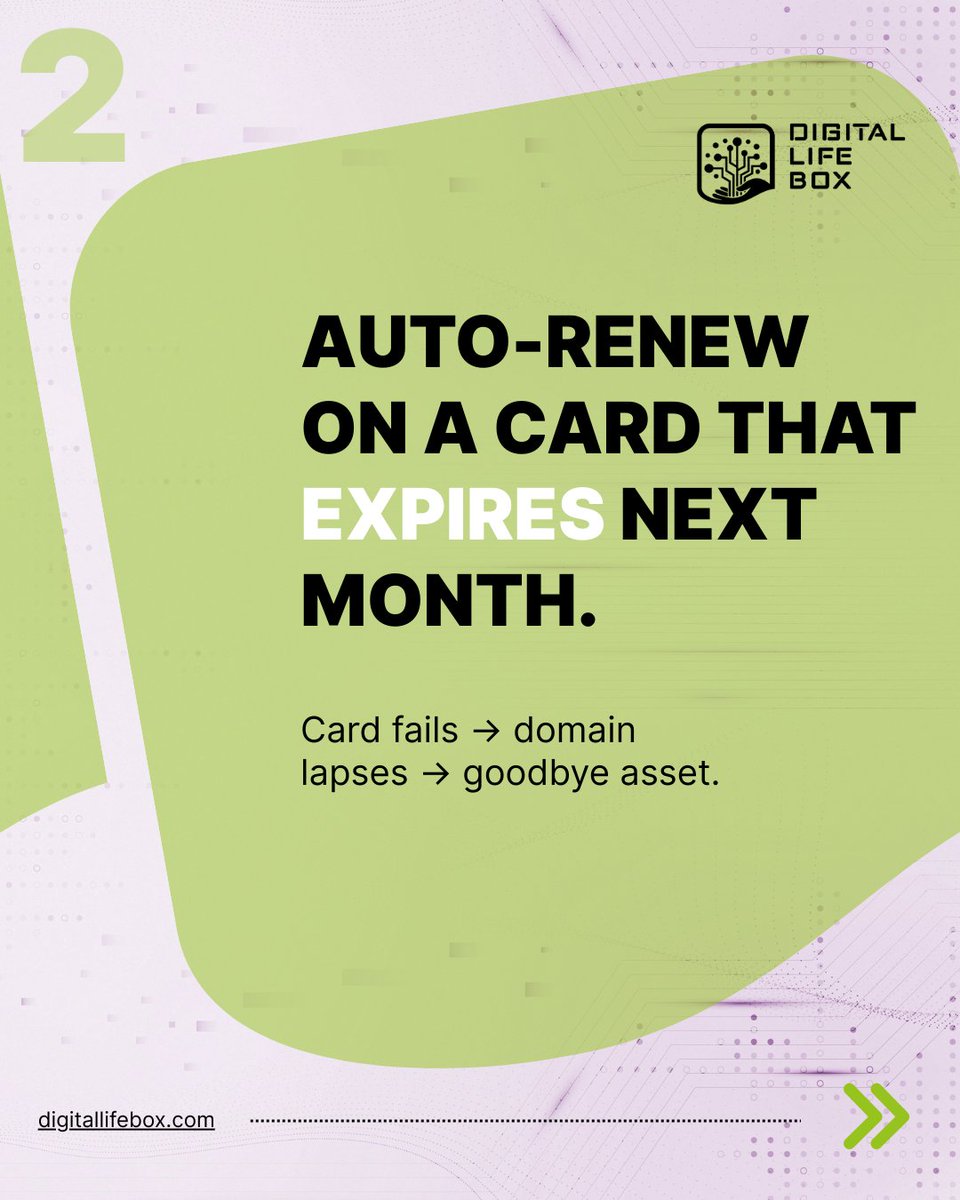DigitalLIFEBox_'s tweet image. $12 domain registered 20 years ago = now worth $50,000.

But it auto-renews on a credit card expiring next month.

DigitalLIFEBox™ turns invisible digital real estate into clear family asset maps.

tinyurl.com/mvzr4p3t

#DigitalRealEstate #MyDigitalLIFEBox